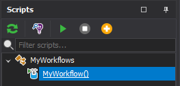 The Scripts dock panel showing the MyWorkflow script